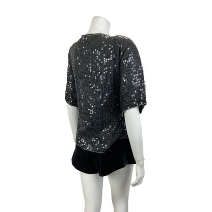 VTG 70s 80s BLACK GREEN GOLD FLORAL DISCO PARTY GLAM STUDIO 54 SEQUIN TOP 16 18