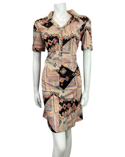 VINTAGE 60s 70s BEIGE BLACK RED ORANGE GEOMETRIC SQUARE MOD SHIRT DRESS 14 16