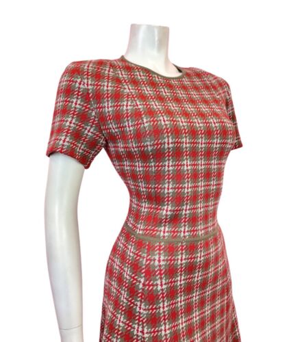 VINTAGE 60s 70s RED GREY WHITE PLAID CHECKED MOD PLEATED WOOL DRESS 10 12