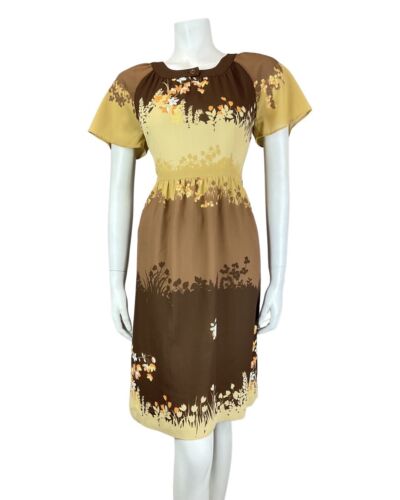 VINTAGE 70s 90s BROWN CREAM ORANGE AUTUMN LEAFY FLORAL FITTED DRESS 8