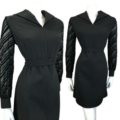 VTG 60S BLACK STRIPED BURNOUT VELVET SAILORS COLLAR BELTED LBD PARTY DRESS 14