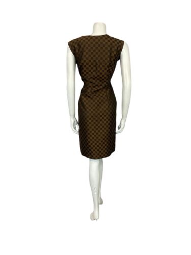 VTG 60S BROWN CHECKERBOARD METALLIC WIGGLE MIDI DRESS WITH BOW 10