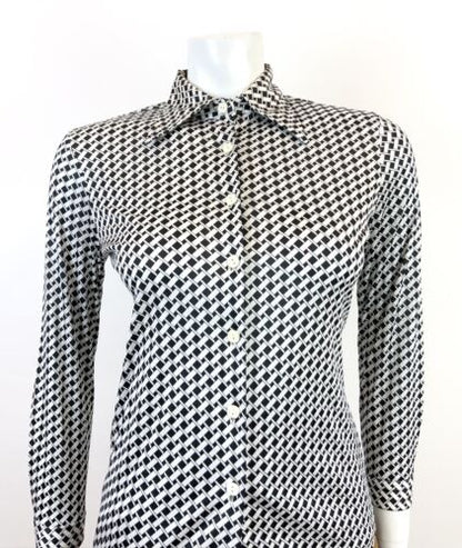 VTG 60s 70s BLACK WHITE BASKETWEAVE GEOMETRIC OP-ART DAGGER SHIRT BLOUSE 8 10