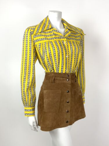 VTG 60s 70s YELLOW BLUE WHITE STRIPED DAISY FLORAL MOD DAGGER SHIRT BLOUSE 12 14