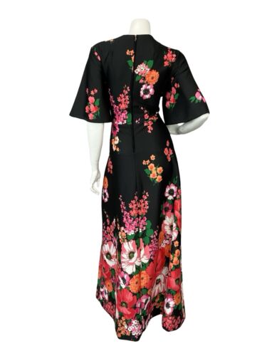 VTG 70S ANGEL SLEEVE BLACK RED PINK FLORAL PLUNGING NECKLINE MAXI DRESS 14 16