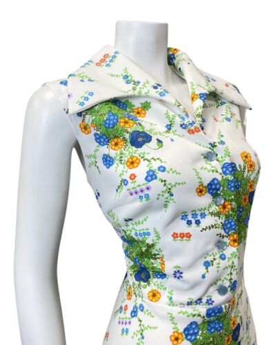 VINTAGE 60s 70s WHITE GREEN BLUE FLORAL BOUQUET SLEEVELESS SWING DRESS 16 18