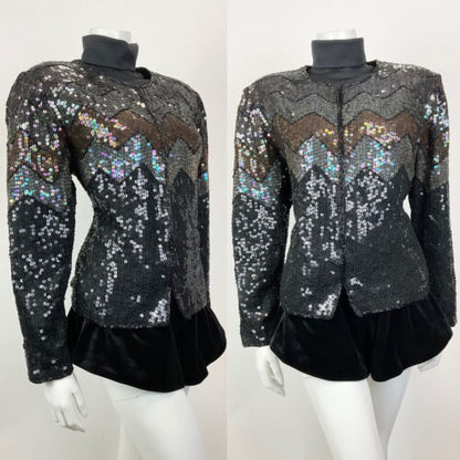 VTG 70s 80s BLACK BRONZE IRIDESCENT DISCO PARTY SEQUIN TROPHY JACKET 14 16