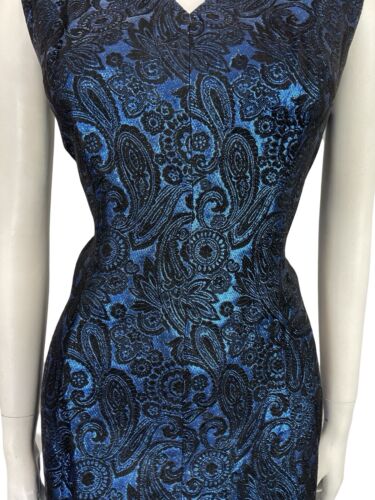 VTG 60S NAVY BLUE BLACK PAISLEY BROCADE N NECK SLEEVELESS PARTY MIDI DRESS 12