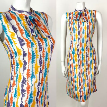 VTG 60s 70s WHITE PURPLE YELLOW BLUE STRIPED SQUIGGLE SHIFT DRESS 10