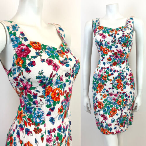 VTG 60s 70s WHITE BLUE RED GREEN FLORAL SWEETHEART PINAFORE APRON SUNDRESS 8