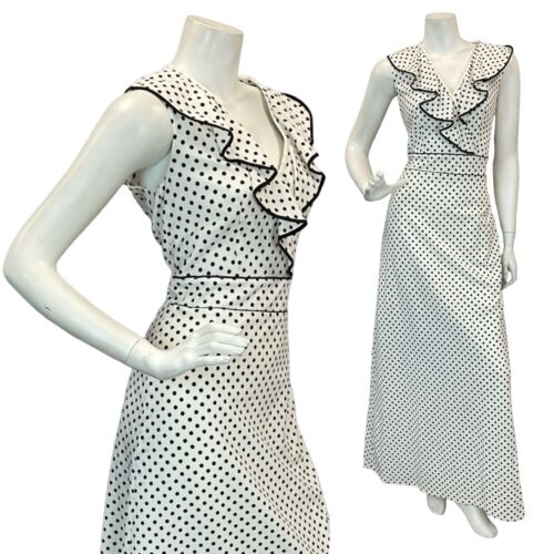 VTG 60s 70s WHITE BLACK POLKA DOT RUFFLE V-NECK MAXI DRESS 10