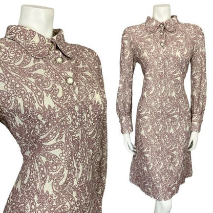 VTG 60S 70S PINK CREAM LUREX PSYCHEDELIC SPOON COLLAR PARTY SHIRT DRESS 10