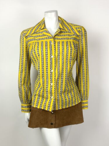 VTG 60s 70s YELLOW BLUE WHITE STRIPED DAISY FLORAL MOD DAGGER SHIRT BLOUSE 12 14