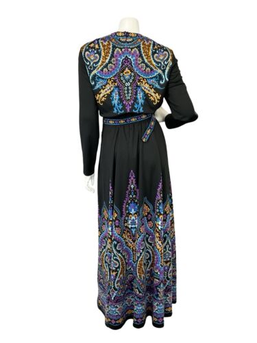 VTG 70S BLACK BLUE PURPLE BELTED PSYCHDELIC HIPPY MANDALA MAXI DRESS 16 18 L