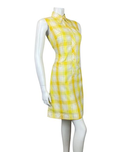 VTG 60s 70s YELLOW WHITE CHECKED EMBROIDERED MOD DOG-EAR COLLAR SHIRT DRESS 10