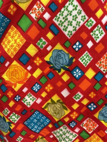 VINTAGE 60s 70s RED BLUE YELLOW PATCHWORK FLORAL GEOMETRIC STRAPPY SUNDRESS 8