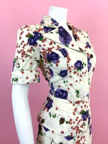 VTG 60s CREAM PURPLE RED EMBROIDERED ANGLAISE FLORAL PEPLUM SHIRT DRESS 12 14