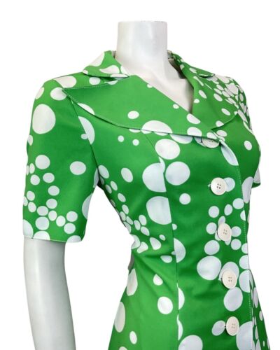 VINTAGE 60s 70s APPLE GREEN WHITE SPOTTED DOTTY MOD WING COLLAR SHIRT DRESS 12