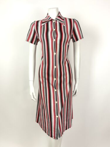 VTG 60s 70s WHITE SILVER BLACK RED STRIPED MOD DAGGER COLLAR SHIRT DRESS 12 14