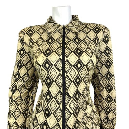 VTG 70s CREAM BLACK GOLD LUREX GEOMETRIC MOD ZIP-UP DAGGER SHIRT BLOUSE 14 16