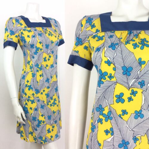 60s 70s VINTAGE YELLOW BLUE WHITE FLORAL TUNIC DRESS 10 12 14