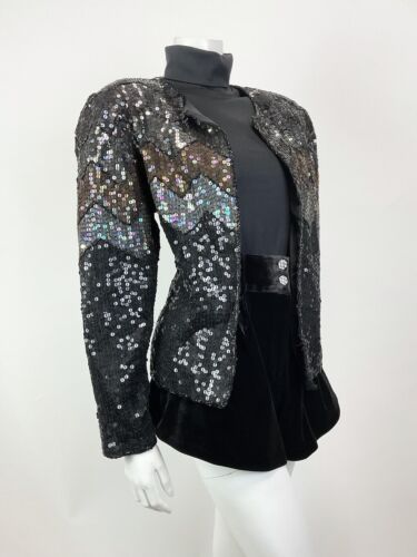 VTG 70s 80s BLACK BRONZE IRIDESCENT DISCO PARTY SEQUIN TROPHY JACKET 14 16