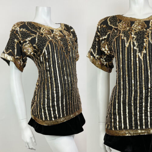 VTG 70s 80s BLACK GOLD FLORAL LEAF STRIPED SEQUIN BEADED DECO BLOUSE TOP 12 14