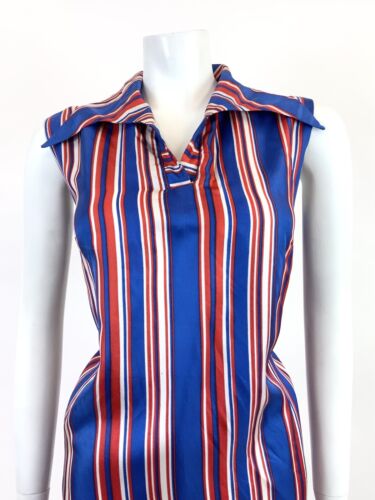 VTG 60s 70s ROYAL BLUE RED WHITE STRIPED WING COLLAR MOD SHIRT SHIFT DRESS 12 14