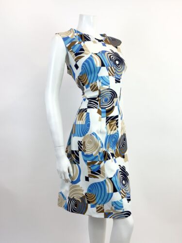 VTG 60s 70s WHITE BLUE BROWN GEOMETRIC PSYCHEDELIC SWIRL MOD SLEEVELESS DRESS 16