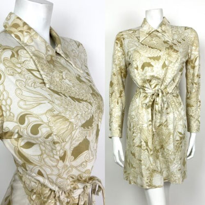 VINTAGE 60s 70s WHITE GOLD OLIVE FLORAL SWIRL DAGGER COLLAR BLOUSON DRESS 10 12