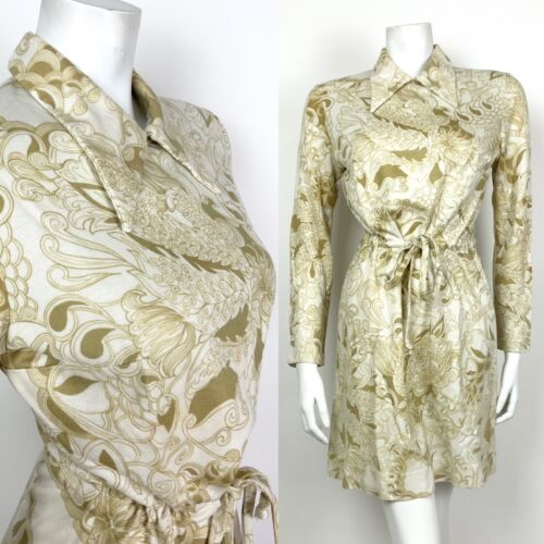 VINTAGE 60s 70s WHITE GOLD OLIVE FLORAL SWIRL DAGGER COLLAR BLOUSON DRESS 10 12