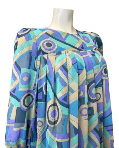 VINTAGE 60s 70s BLUE PURPLE CREAM GEOMETRIC PLEATED MOD TENT DRESS 8 10