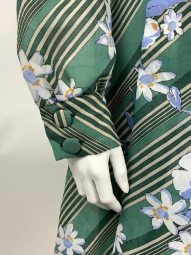 VINTAGE 60s 70s GREEN CREAM BLUE STRIPED FLORAL DAGGER COLLAR SHIRT DRESS 12