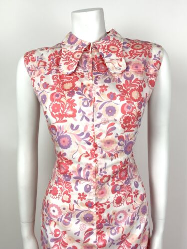 VTG 60s 70s WHITE PINK PURPLE PSYCHEDELIC FLORAL SPOON COLLAR SHIRT DRESS 12 14