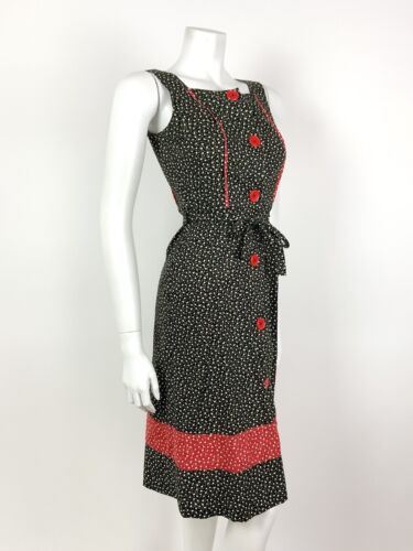 VTG 70s BLACK RED WHITE FLORAL DITSY FOLK PRAIRIE BOHO APRON PINAFORE DRESS 8