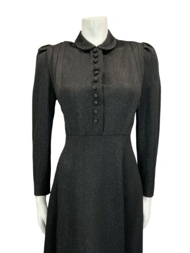 VTG 70S BLACK SPARKLY VICTORIANA PETER PAN COLLAR A LINE PARTY SHIRT DRESS 12