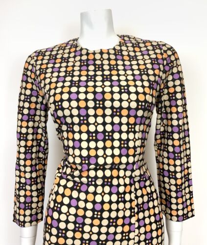 VTG 60s 70s STYLE 90s BLACK BEIGE PURPLE POLKA-DOT MOD SHORT SCOOTER DRESS 10 12