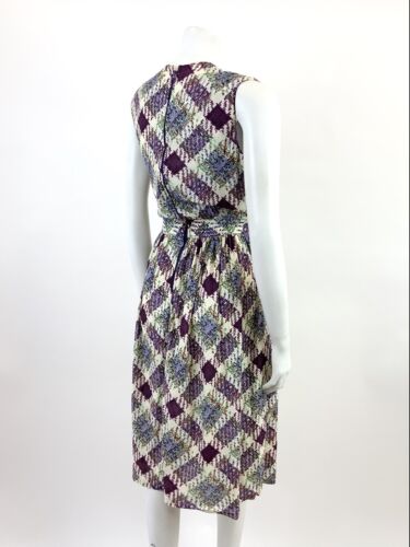 VTG 60s 70s WHITE PURPLE GREEN ORANGE CHECKED PLAID BLOUSON SLEEVELESS DRESS 10