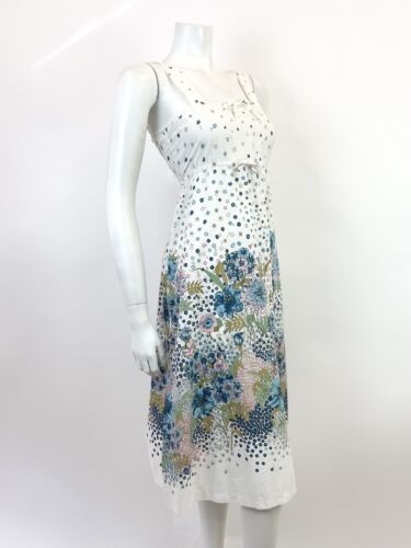 VTG 60s 70s WHITE BLUE PINK GOLD FLORAL DITSY EMPIRE LINE STRAPPY SUN DRESS 8