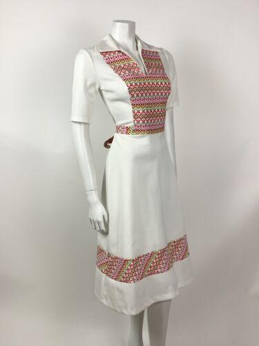 VTG 60s 70s WHITE PINK ORANGE GREEN GEOMETRIC MOD WING COLLAR SHIRT DRESS 10