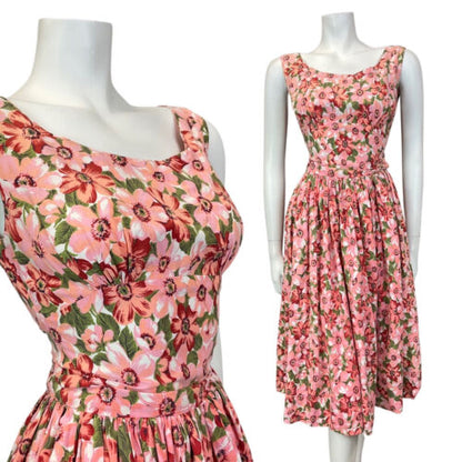 VINTAGE 50s 60s PINK GREEN RED FLORAL LEAFY PRINCESS SWING SLEEVELESS DRESS 4 6