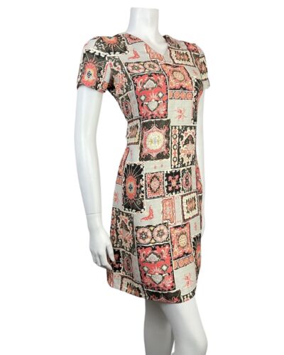 VINTAGE 60s 70s GREY BLACK RED PATCHWORK PSYCHEDELIC PAISLEY FLORAL MOD DRESS 10