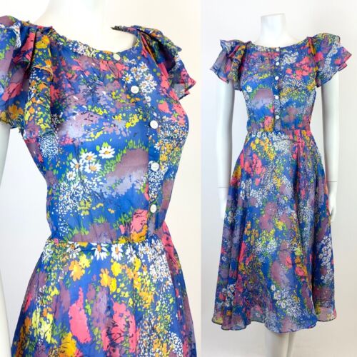 VTG 70s 80s BLUE WHITE PINK GREEN FLORAL DITSY SHEER RUFFLED SUMMER DRESS 8