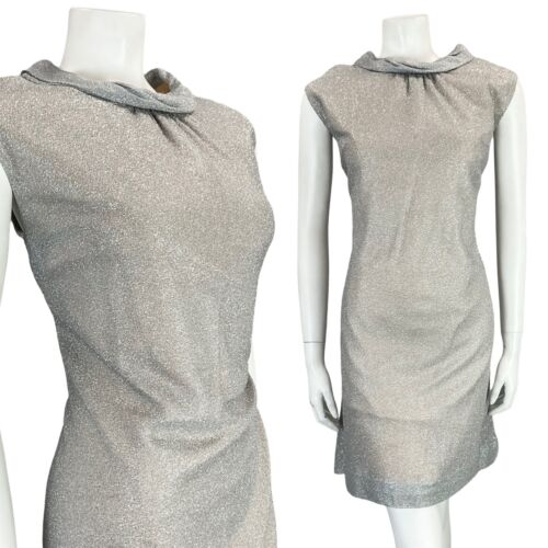 VTG 60S MOD PARTY SILVER LUREX FUNNEL NECK SLEEVELESS SHIFT DRESS 12 14