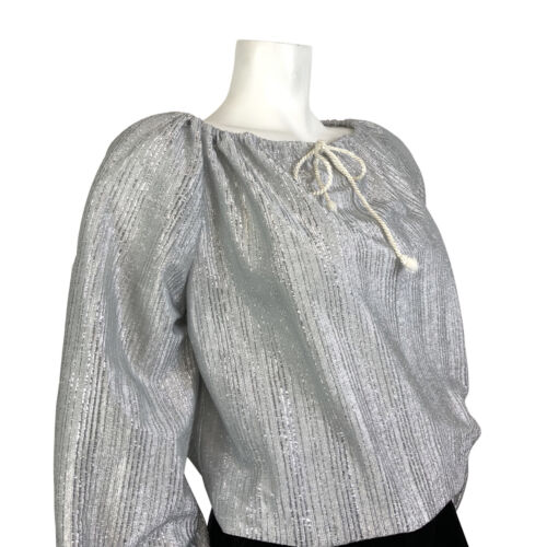 VINTAGE 60s 70s METALLIC SILVER STRIPED DISCO PARTY PEASANT BLOUSE 12 14