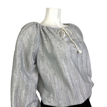 VINTAGE 60s 70s METALLIC SILVER STRIPED DISCO PARTY PEASANT BLOUSE 12 14