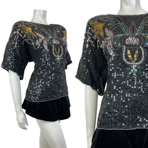 VTG 70s 80s BLACK GREEN GOLD FLORAL DISCO PARTY GLAM STUDIO 54 SEQUIN TOP 16 18