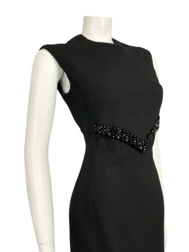 VTG 60S MOD BLACK WOOL BASQUE WAIST BEADED PANEL EVENING PARTY MINI DRESS S 8 10