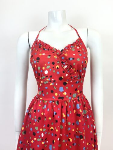 VTG 70s RED BLACK GREEN BLUE SPECKLED DOTTY HALTER SUMMER SUN DRESS 12 14