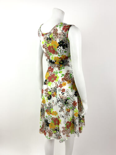 VTG 60s 70s WHITE GREEN RED BLACK FLORAL PSYCHEDELIC CREPE SUN DRESS 10 12